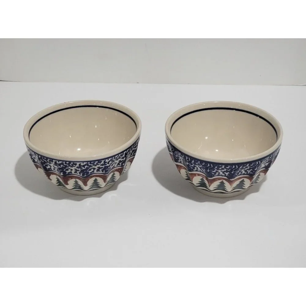 2x Boleslawiec Polish Pottery Ramekin Bowl Christmas Tree‎ Stars Pine Boughs